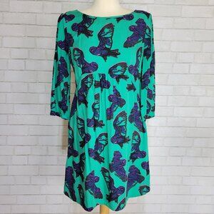Boden Owl Dress Oval Neck 3/4 Sleeve Aqua Navy Blue Tunic Dress